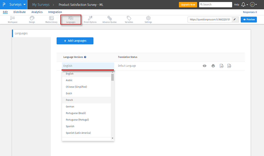 Multilingual Surveys | Languages - How to? | SurveyAnalytics Help Document